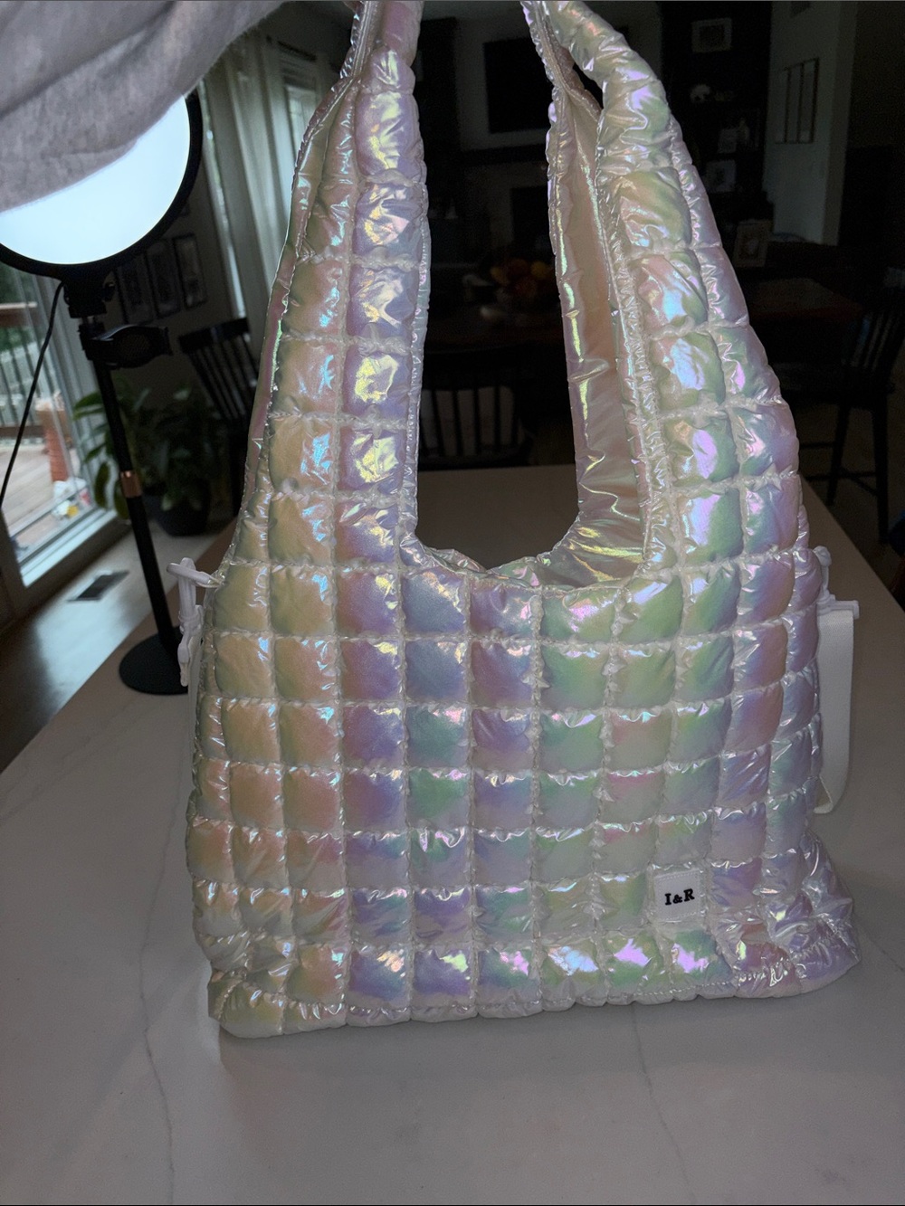 Iridescent Quilted Puff Shoulder Bag - White Pearl